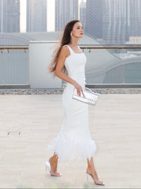 White midi dress with the feathers