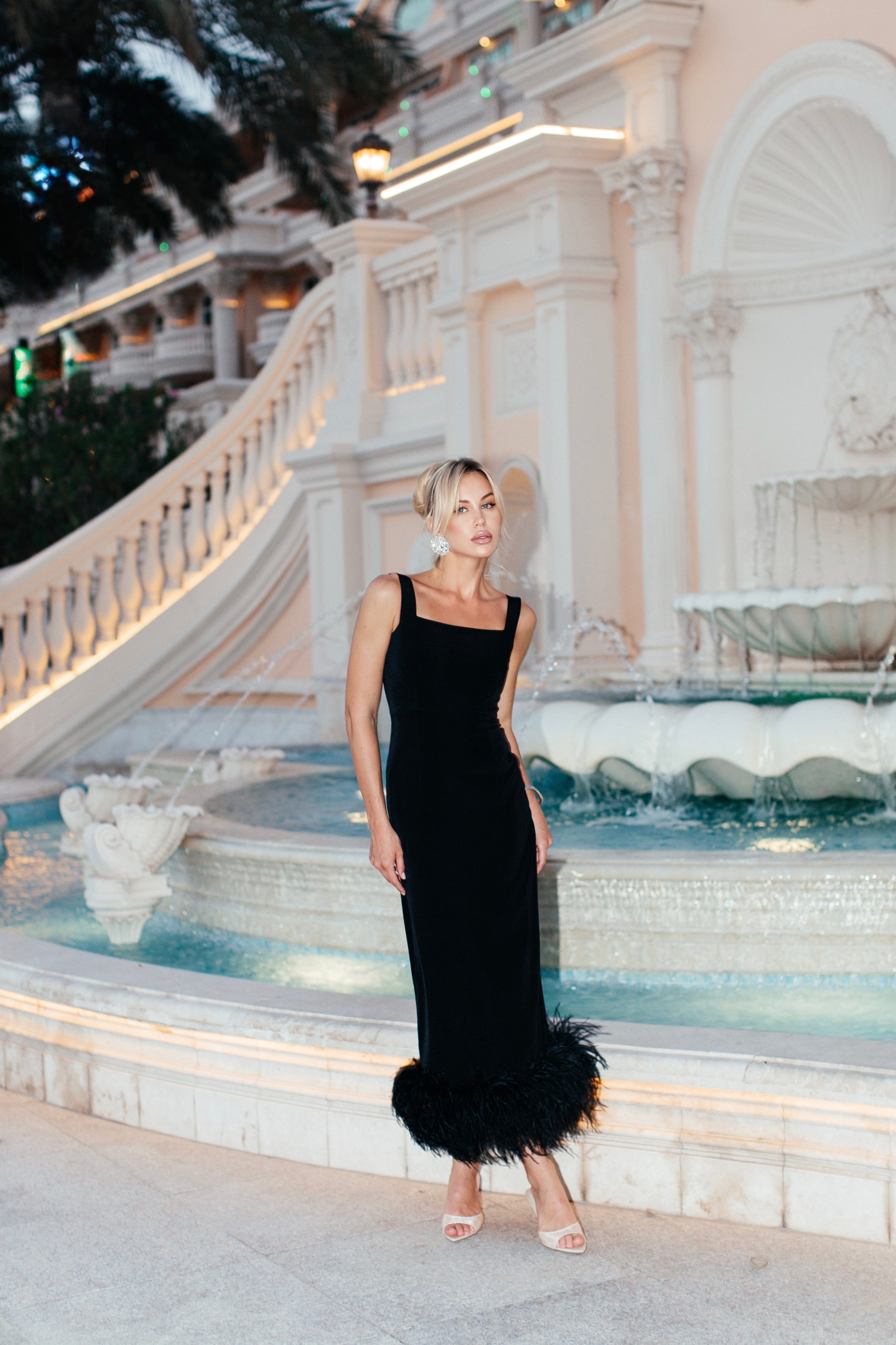 Black midi dress with the feathers